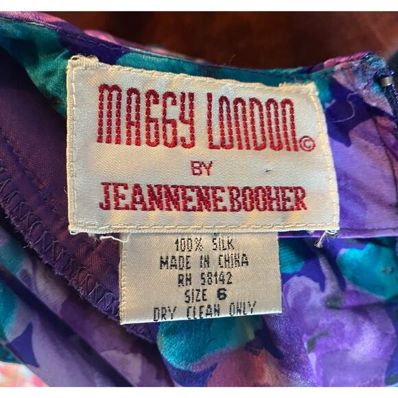 Vintage 80s Maggy London Silk Dress Ruched Sleeves Floral Printed Blue Womens 6 - Picture 10 of 10